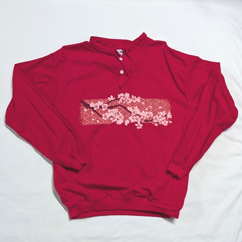 Crazy Shirts Hawaii Cherry Blossom Red Henley Long Sleeve Top Womens Medium
